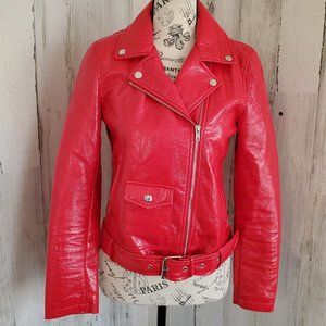 WAREHOUSE CHERRY RED PATENT MOTO JACKET COAT